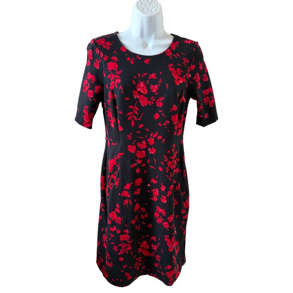 Lands End Black and Red Floral Knit Ponte Sheath Dress Women’s size 6